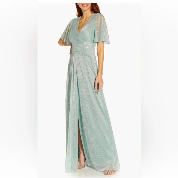 Adrianna Pappell Metallic A Line Draped Formal Dress Maxi Black Tie Size 10 - Picture 1 of 11